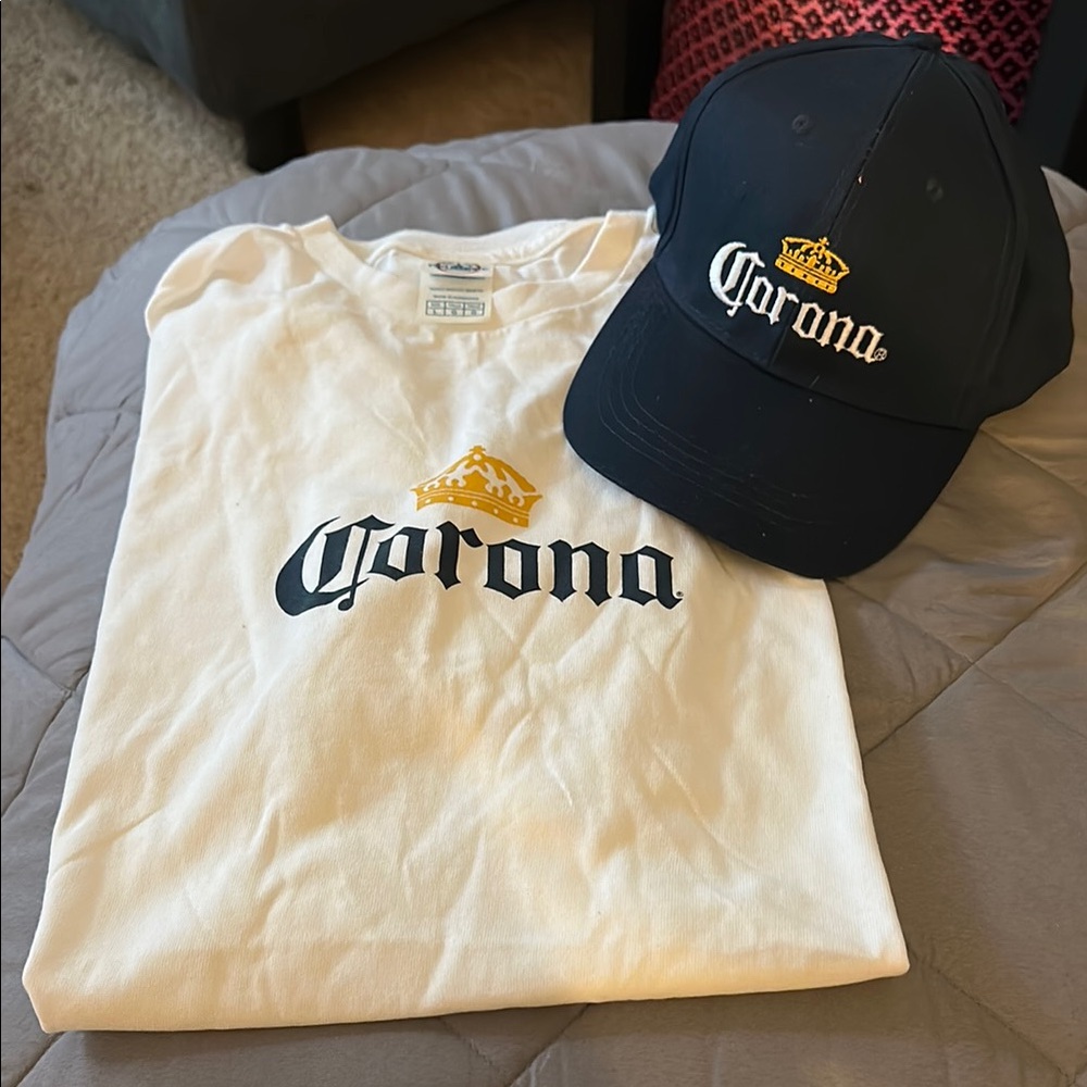 Corona White Tee and Dark Blue Cap Combo